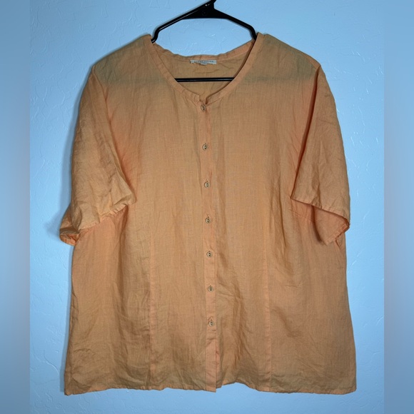 Eileen Fisher 100% Irish Linen Button Front Blouse 1X Orange Short Sleeve‎ Top - Picture 1 of 7